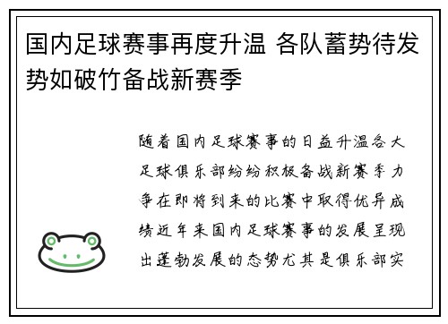 国内足球赛事再度升温 各队蓄势待发势如破竹备战新赛季