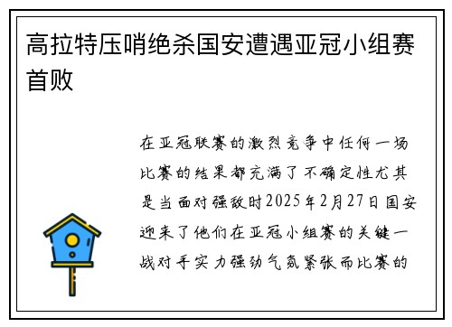 高拉特压哨绝杀国安遭遇亚冠小组赛首败