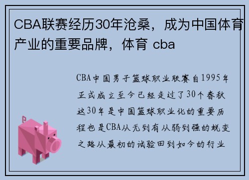 CBA联赛经历30年沧桑，成为中国体育产业的重要品牌，体育 cba