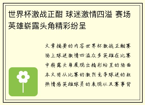 世界杯激战正酣 球迷激情四溢 赛场英雄崭露头角精彩纷呈