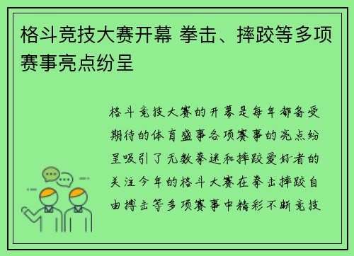 格斗竞技大赛开幕 拳击、摔跤等多项赛事亮点纷呈