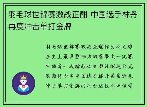 羽毛球世锦赛激战正酣 中国选手林丹再度冲击单打金牌